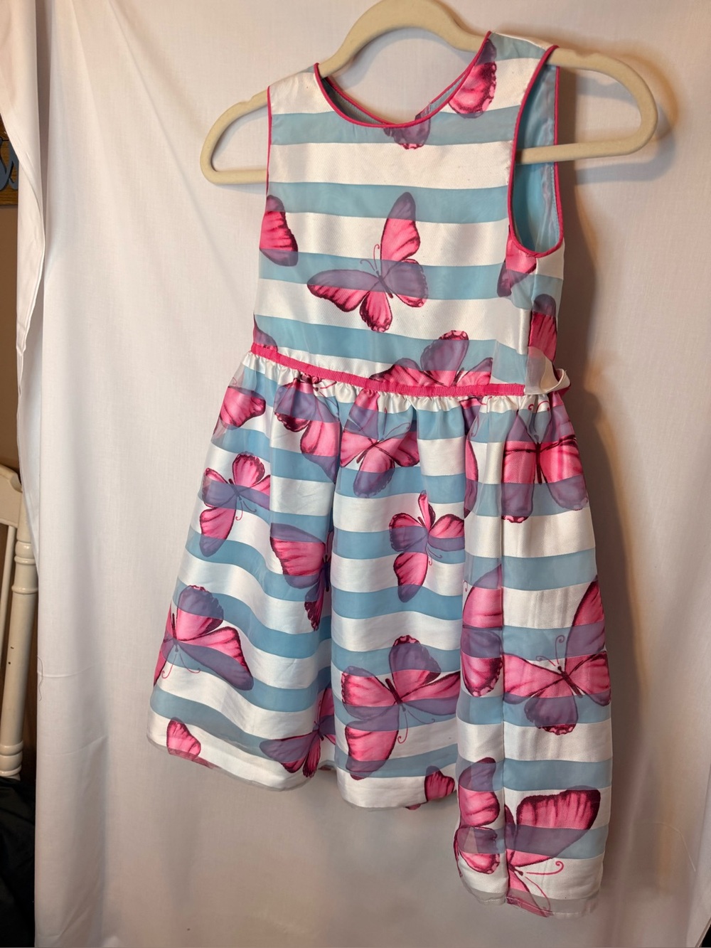 Wonder Nation Girls Blue & White Striped Butterfly Dress with Pink Accents